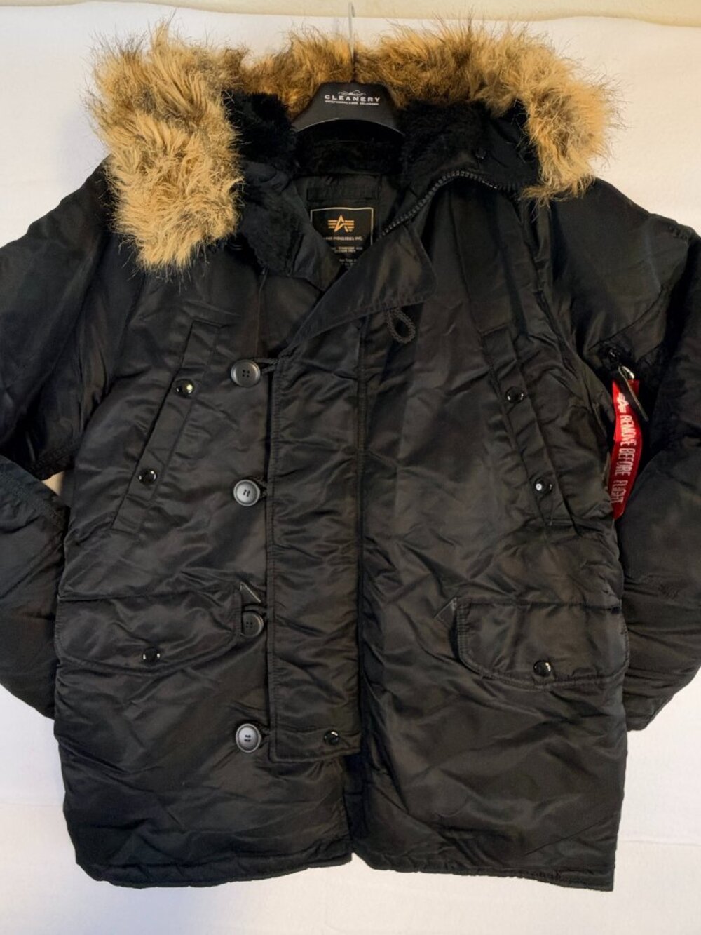 Alpha Industries Men’s Black N-3B Parka Coat Hooded Faux Fur Trim - Small